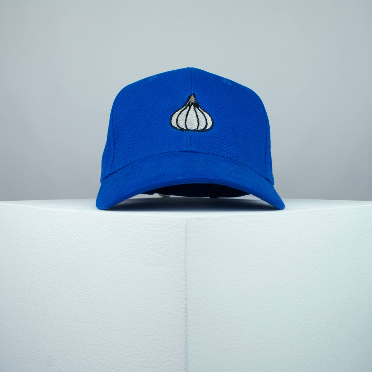 Garlic clove embroidered baseball cap blue / food / gift / vegan / embroidery / patch / hat / dad hat / cap / iron on patch / embroidered patch / badge / applique / embroidered / punk patches / trucker hat / snapback / caps / dad hats / baseball hat / mens hat / womens hat / embroidered hat / dad cap / embroidered cap