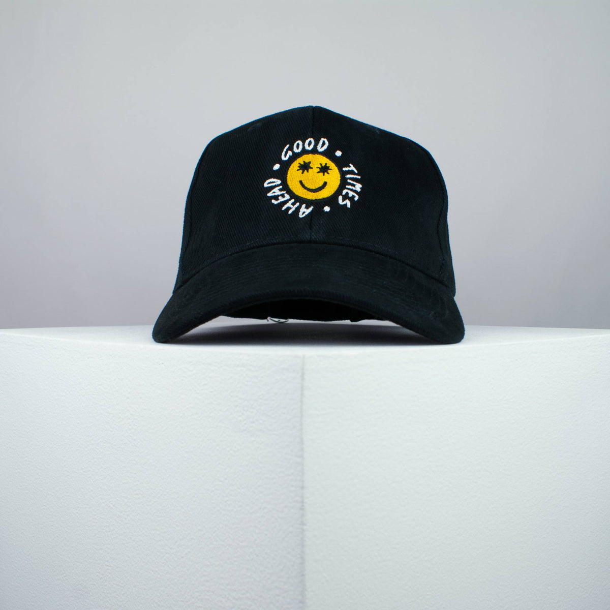 Good times ahead embroidered baseball cap black / 90s / smiley / vintage / rainbow / embroidery / patch / hat / dad hat / cap / iron on patch / embroidered patch / badge / applique / embroidered / punk patches / trucker hat / snapback / caps / dad hats / baseball hat / mens hat / womens hat / embroidered hat / dad cap / embroidered cap