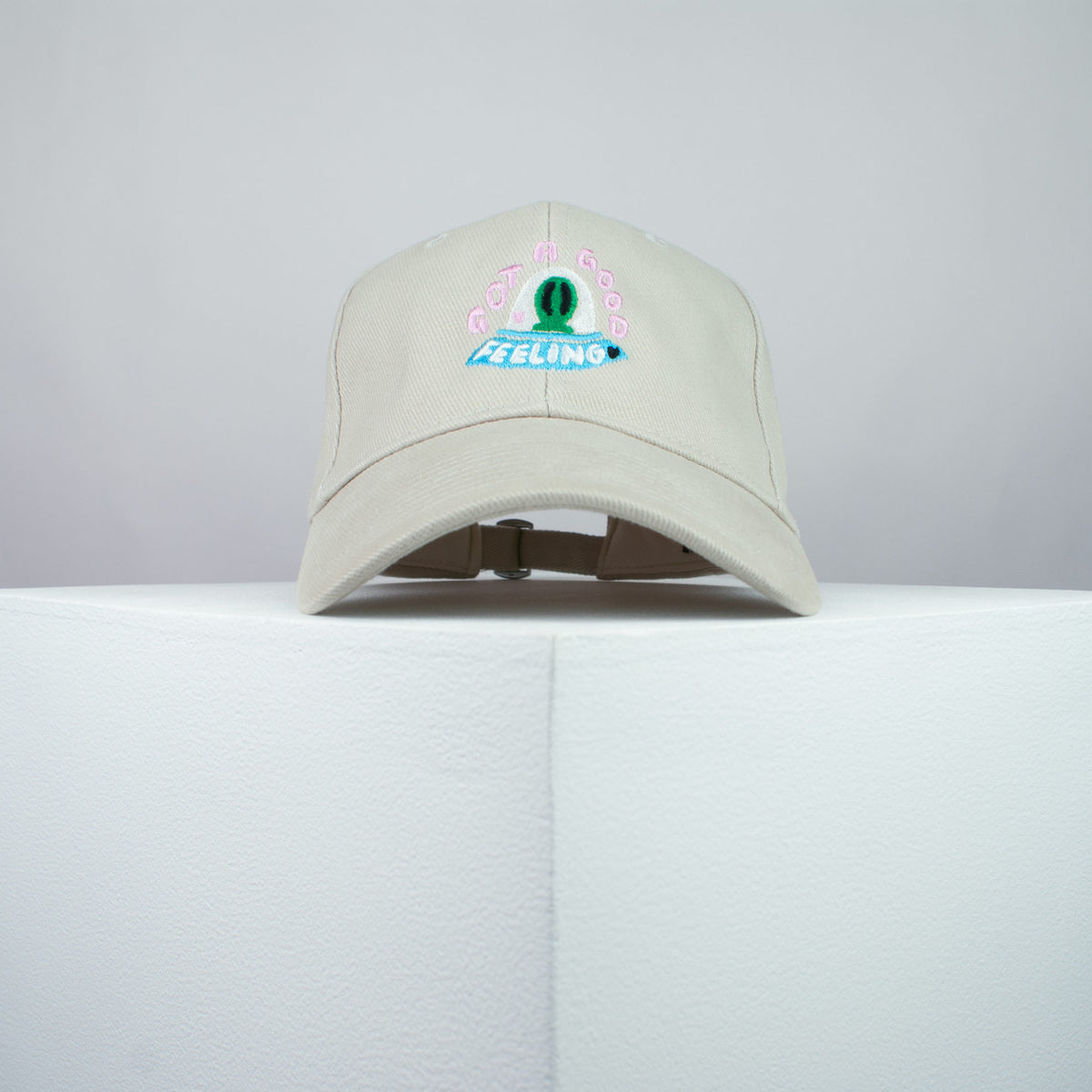 Got A Good Feeling embroidered baseball cap beige / yoga / meditation / alien / gift for her / embroidery / patch / hat / dad hat / cap / iron on patch / embroidered patch / badge / applique / embroidered / punk patches / trucker hat / snapback / caps / dad hats / baseball hat / mens hat / womens hat / embroidered hat / dad cap / embroidered cap