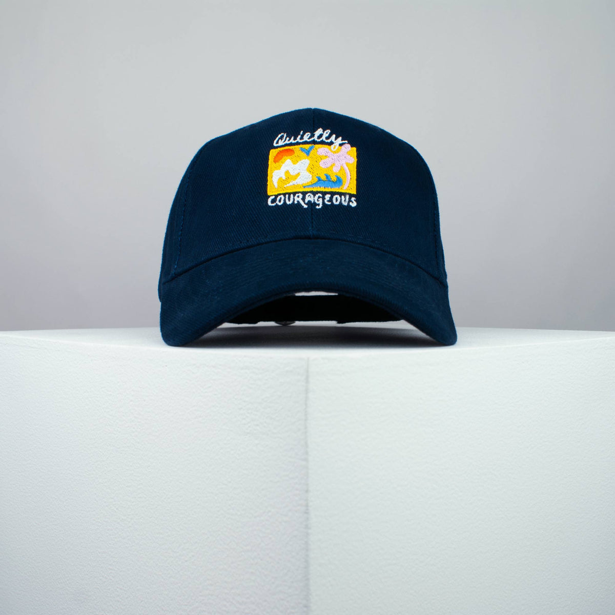 Quietly courageous embroidered baseball cap navy / yoga / mental health / self care / gift for her / embroidery / patch / hat / dad hat / cap // Hatty Hats / iron on patch / embroidered patch / badge / applique / embroidered / punk patches / trucker hat / snapback / caps / dad hats / baseball hat / mens hat / womens hat / embroidered hat / dad cap / embroidered cap